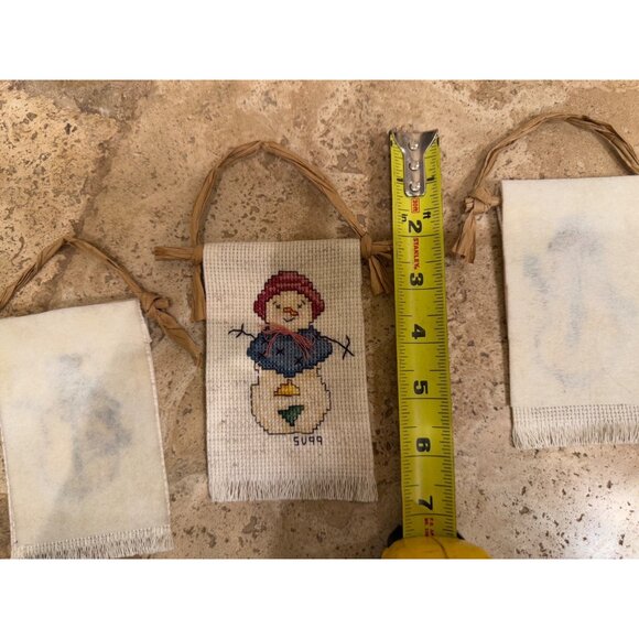 Handmade Cross-Stitch Snowman Wall Hangings Set Of 3 With Rustic Twine Hangers - Picture 7 of 7